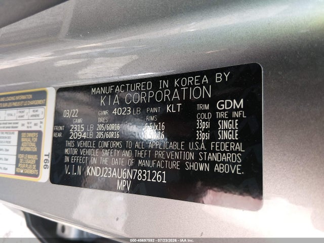 Aukcja sprzedaży 2022 Kia Soul Lx, vin: KNDJ23AU6N7831261, numer aukcji: 45697592