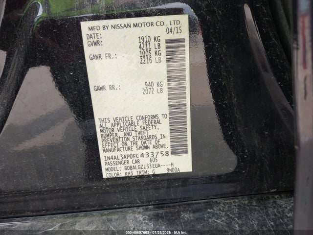 Продажа на аукционе авто 2015 Nissan Altima 2.5 S, vin: 1N4AL3AP0FC433758, номер лота: 45697603