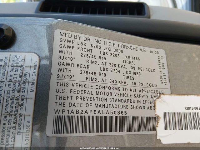 45697618 :رقم المزاد ، WP1AB2AP5ALA50865 vin ، 2010 Porsche Cayenne S مزاد بيع