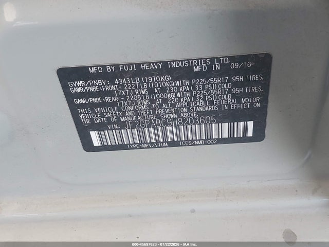 45697623 :رقم المزاد ، JF2GPABC9H8203605 vin ، 2017 Subaru Crosstrek 2.0i Premium مزاد بيع