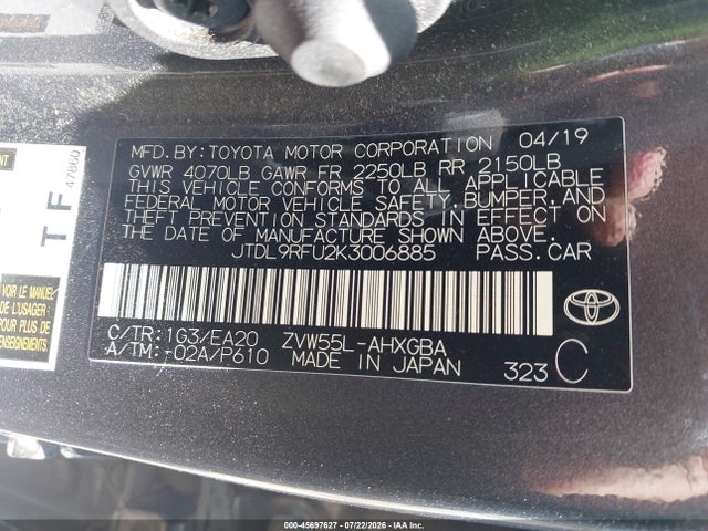 JTDL9RFU2K3006885 Toyota PRIUS XLE