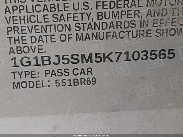 Aukcja sprzedaży 2019 Chevrolet Cruze Diesel, vin: 1G1BJ5SM5K7103565, numer aukcji: 45697638