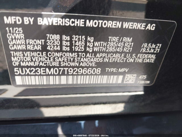 2026 Bmw X7 Xdrive40i მანქანა იყიდება აუქციონზე, vin: 5UX23EM07T9296608, აუქციონის ნომერი: 45697640