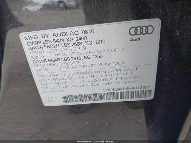 Продажа на аукционе авто 2017 Audi Q5 2.0t Premium, vin: WA1L2AFP4HA012699, номер лота: 45697667