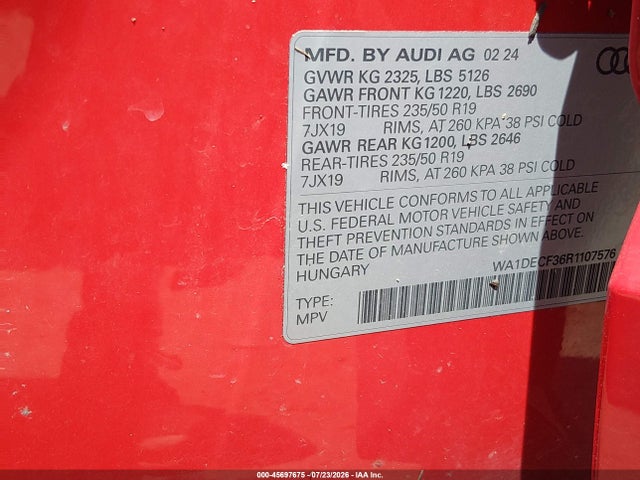 Aukcja sprzedaży 2024 Audi Q3 Premium 45 Tfsi S Line Quattro Tiptronic, vin: WA1DECF36R1107576, numer aukcji: 45697675