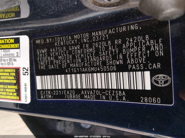 4T1G11AK6MU450506 Toyota CAMRY SE