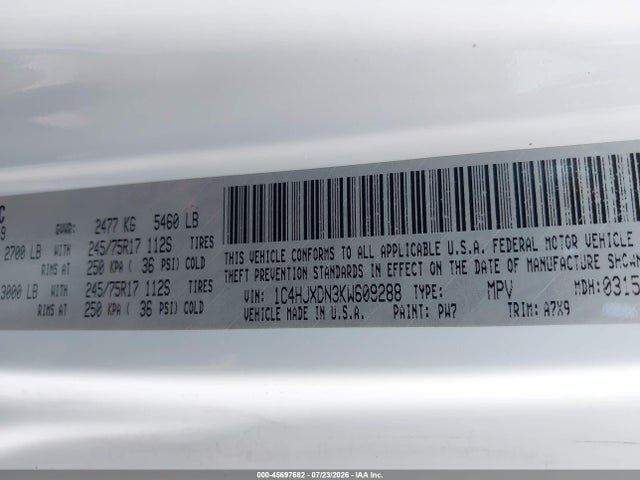 45697682 :رقم المزاد ، 1C4HJXDN3KW609288 vin ، 2019 Jeep Wrangler Unlimited Sport S 4x4 مزاد بيع