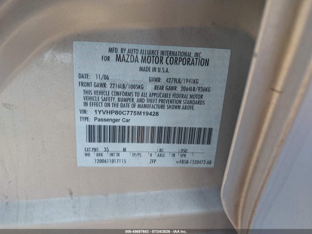 45697683 :رقم المزاد ، 1YVHP80C775M19428 vin ، 2007 Mazda Mazda6 I Sport Ve مزاد بيع