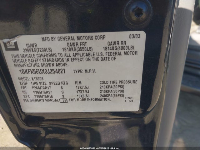 Aukcja sprzedaży 2003 Gmc Yukon Xl 1500 Denali, vin: 1GKFK66UX3J254027, numer aukcji: 45697688