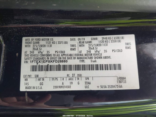 45697691 :رقم المزاد ، 1FTEX1EPXKFD28880 vin ، 2019 Ford F-150 Xl مزاد بيع