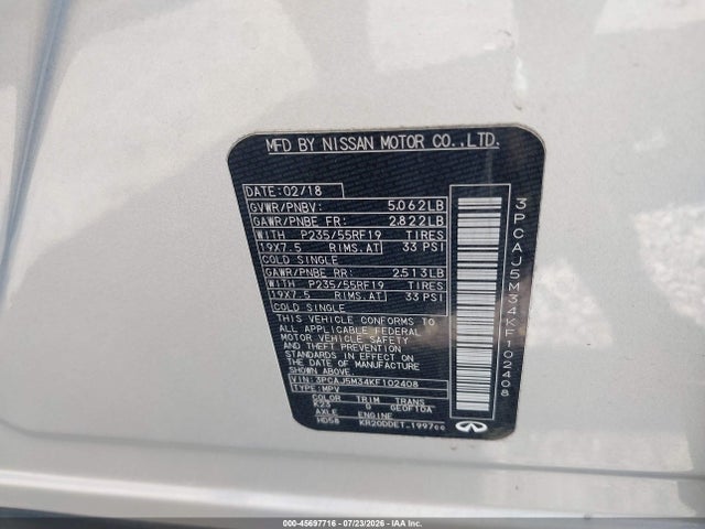Aukcja sprzedaży 2019 Infiniti Qx50 Essential, vin: 3PCAJ5M34KF102408, numer aukcji: 45697716