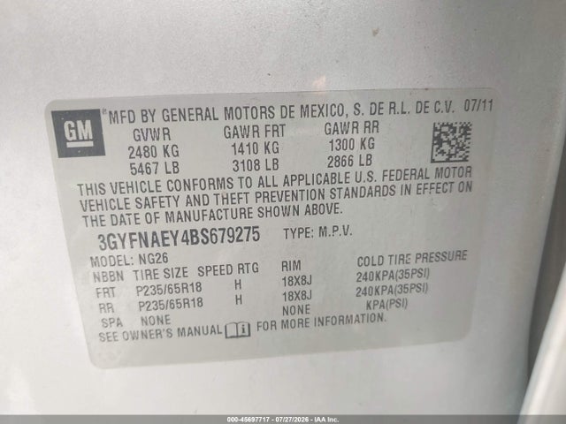 45697717 :رقم المزاد ، 3GYFNAEY4BS679275 vin ، 2011 Cadillac Srx Luxury Collection مزاد بيع