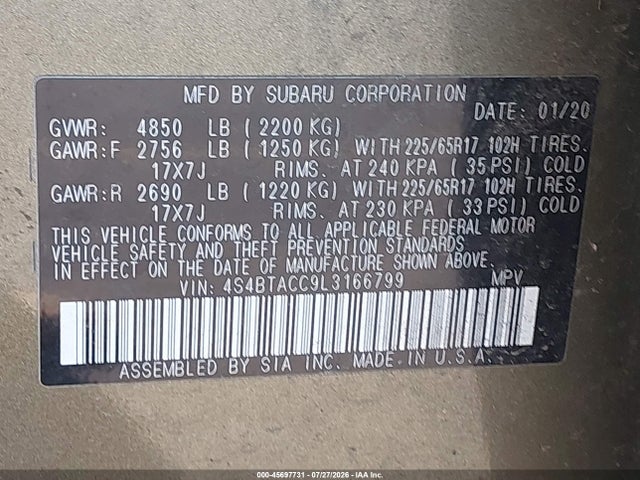 Subaru Outback Premium 2020 4S4BTACC9L3166799 Image 9