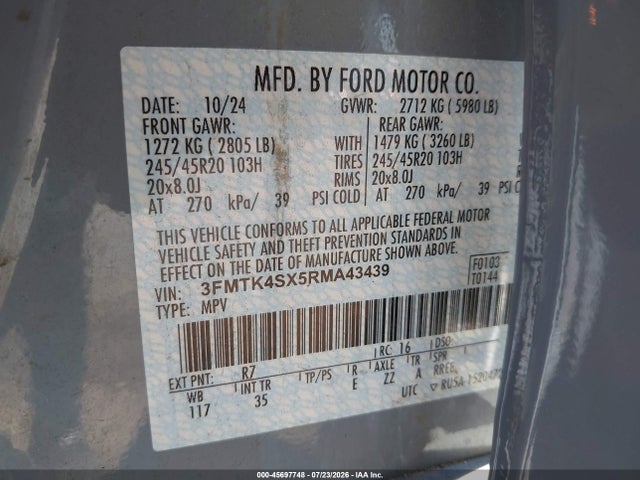2024 Ford Mustang Mach-e Gt მანქანა იყიდება აუქციონზე, vin: 3FMTK4SX5RMA43439, აუქციონის ნომერი: 45697748