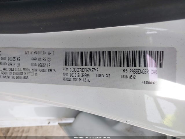 45697754 :رقم المزاد ، 1C3CCCAB3FN748747 vin ، 2015 Chrysler 200 Limited مزاد بيع