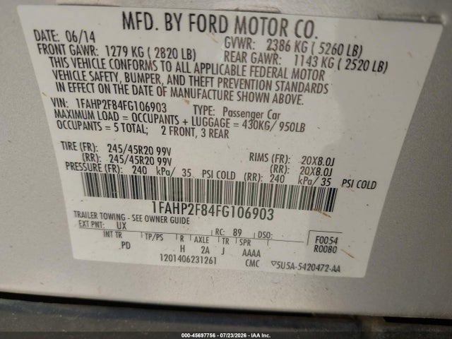 Aukcja sprzedaży 2015 Ford Taurus Limited, vin: 1FAHP2F84FG106903, numer aukcji: 45697756