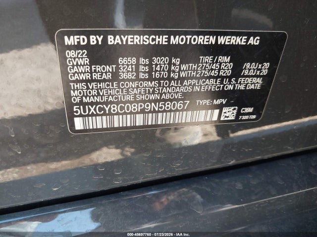 45697760 :رقم المزاد ، 5UXCY8C08P9N58067 vin ، 2023 Bmw X6 M50i مزاد بيع