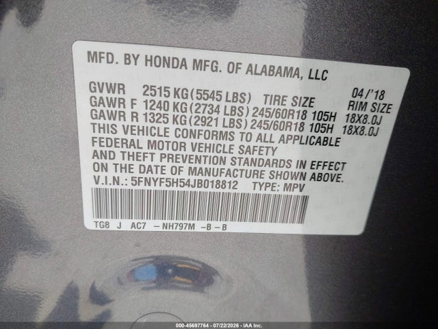 Honda Pilot Ex-l 2018 5FNYF5H54JB018812 Image 9