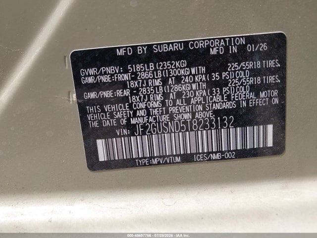 45697766 :رقم المزاد ، JF2GUSND5T8233132 vin ، 2026 Subaru Crosstrek Limited مزاد بيع