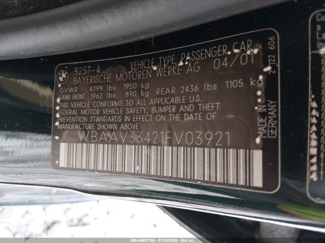 45697768 :رقم المزاد ، WBAAV33421FV03921 vin ، 2001 Bmw 325i مزاد بيع