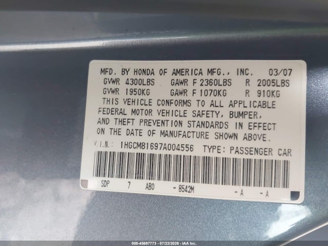 45697773 :رقم المزاد ، 1HGCM81697A004556 vin ، 2007 Honda Accord 3.0 Ex مزاد بيع