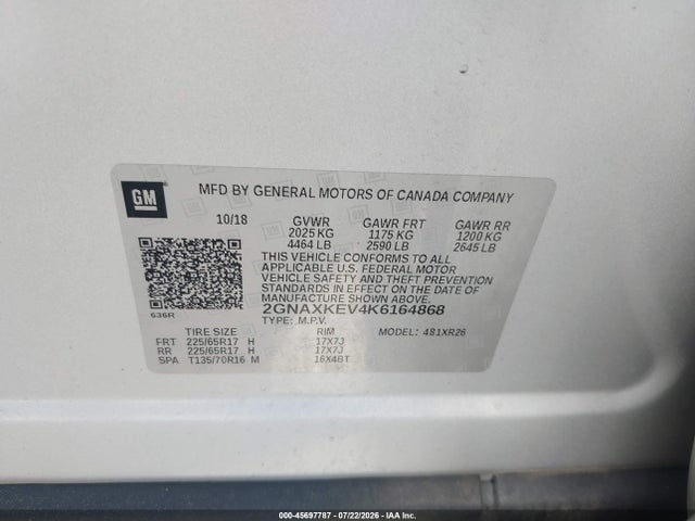 2GNAXKEV4K6164868 Chevrolet EQUINOX LT