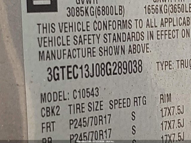 Продаж на аукціоні авто 2008 Gmc Sierra 1500 Sle1, vin: 3GTEC13J08G289038, номер лоту: 45697796