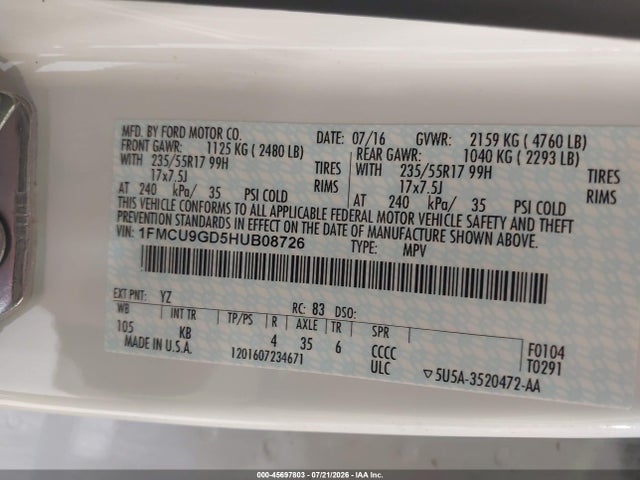 Ford ESCAPE SE 2017 1FMCU9GD5HUB08726 Image 9