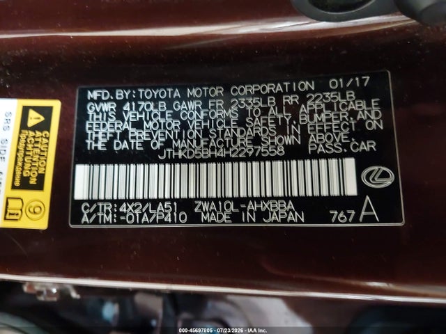 45697805 :رقم المزاد ، JTHKD5BH4H2297558 vin ، 2017 Lexus Ct 200h مزاد بيع
