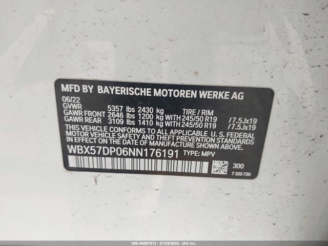 45697813 :رقم المزاد ، WBX57DP06NN176191 vin ، 2022 Bmw X3 Xdrive30i مزاد بيع