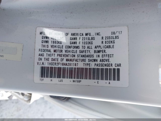 45697835 :رقم المزاد ، 1HGCR2F16HA291187 vin ، 2017 Honda Accord Sport Se مزاد بيع
