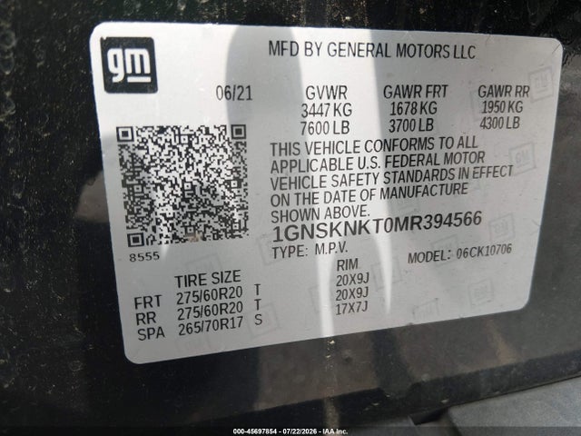 45697854 :رقم المزاد ، 1GNSKNKT0MR394566 vin ، 2021 Chevrolet Tahoe 4wd Lt مزاد بيع
