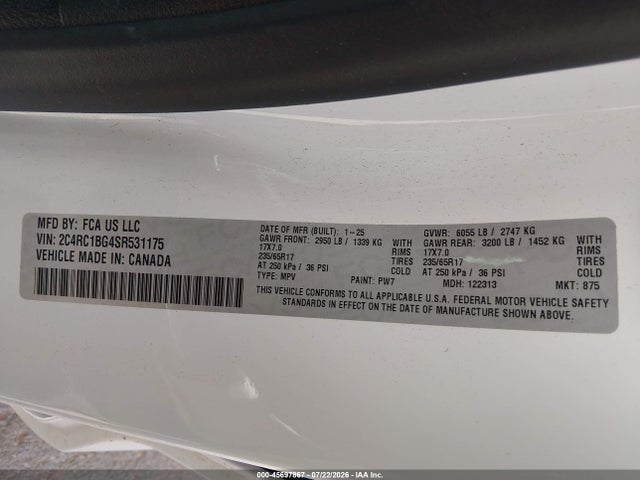 2025 Chrysler Pacifica Select მანქანა იყიდება აუქციონზე, vin: 2C4RC1BG4SR531175, აუქციონის ნომერი: 45697867