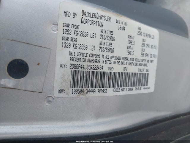2005 Dodge Caravan Sxt მანქანა იყიდება აუქციონზე, vin: 2D8GP44L95R322494, აუქციონის ნომერი: 45697873
