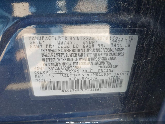 2017 Nissan Sentra Sr Turbo მანქანა იყიდება აუქციონზე, vin: 3N1CB7AP2HY303586, აუქციონის ნომერი: 45697874