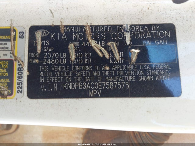 Продажа на аукционе авто 2014 Kia Sportage Lx, vin: KNDPB3AC0E7587575, номер лота: 45697877