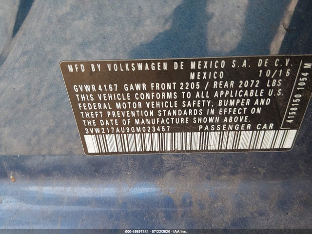 Продаж на аукціоні авто 2016 Volkswagen Golf Tsi S 4-door, vin: 3VW217AU9GM023457, номер лоту: 45697881