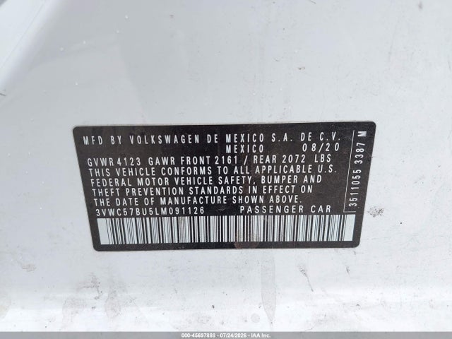 Продаж на аукціоні авто 2020 Volkswagen Jetta 1.4t R-line/1.4t S/1.4t Se, vin: 3VWC57BU5LM091126, номер лоту: 45697888