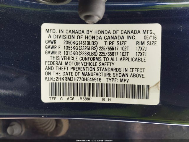 45697891 :رقم المزاد ، 2HKRM3H77GH545916 vin ، 2016 Honda Cr-v Ex-l مزاد بيع