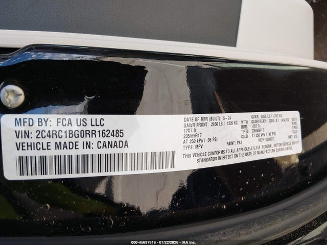 2024 Chrysler Pacifica Touring L მანქანა იყიდება აუქციონზე, vin: 2C4RC1BG0RR162485, აუქციონის ნომერი: 45697916