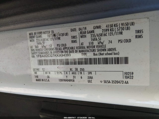 Ford Transit-350 Xlt 2019 1FBAX2CG7KKA94393 Image 9