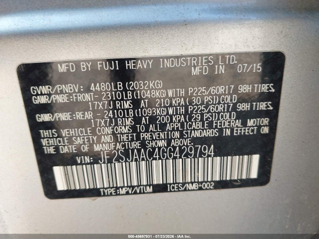 Aukcja sprzedaży 2016 Subaru Forester 2.5i, vin: JF2SJAAC4GG429794, numer aukcji: 45697931
