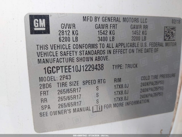 2018 Chevrolet Colorado Zr2 მანქანა იყიდება აუქციონზე, vin: 1GCPTEE10J1229438, აუქციონის ნომერი: 45697942