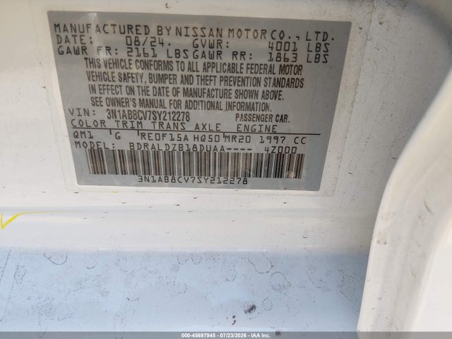 3N1AB8CV7SY212278 Nissan SENTRA SV