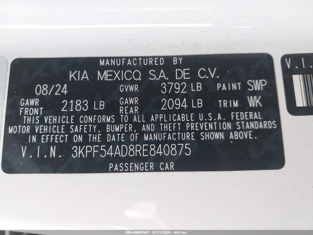 Aukcja sprzedaży 2024 Kia Forte Gt-line, vin: 3KPF54AD8RE840875, numer aukcji: 45697947