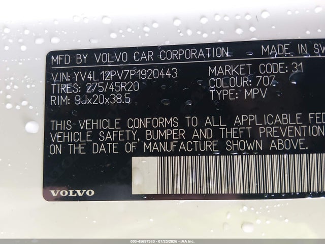 2023 Volvo Xc90 B5 Core მანქანა იყიდება აუქციონზე, vin: YV4L12PV7P1920443, აუქციონის ნომერი: 45697960