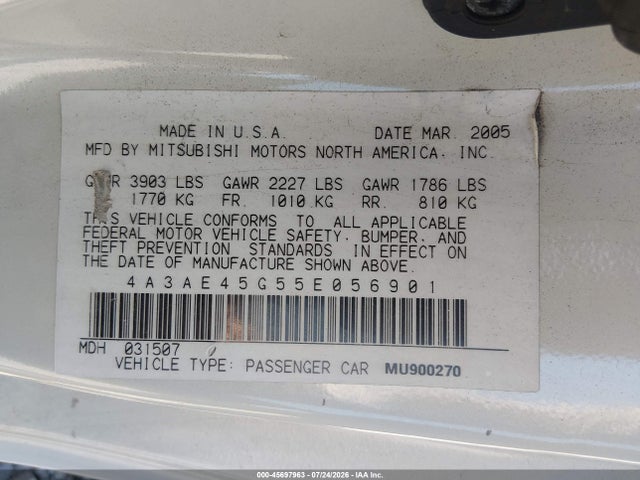 45697963 :رقم المزاد ، 4A3AE45G55E056901 vin ، 2005 Mitsubishi Eclipse Spyder Gs مزاد بيع