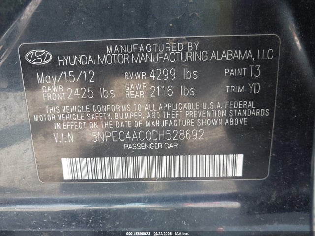2013 Hyundai Sonata Limited მანქანა იყიდება აუქციონზე, vin: 5NPEC4AC0DH528692, აუქციონის ნომერი: 45698023