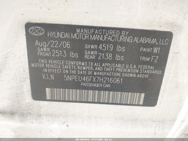 Aukcja sprzedaży 2007 Hyundai Sonata Limited/limited W/xm/se/se W/xm, vin: 5NPEU46FX7H216061, numer aukcji: 45698034