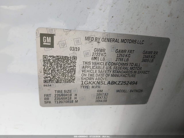 2019 Gmc Acadia Sle-2 მანქანა იყიდება აუქციონზე, vin: 1GKKNSLA8KZ252494, აუქციონის ნომერი: 45698043